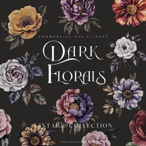 Dunkle Blumen Aquarell Clipart, Gothic Blumen PNG, Stimmungsvolle Vintage Blumen, Dunkel Botanische Clipart, Dunkel Romantische Blumen, Vintage Herbst Blumen