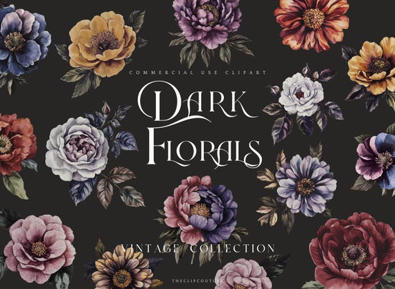 Dark Florals Watercolor Clipart, Gothic Floral PNG, Moody Vintage Flowers, Dark Botanical Clipart, Dark Romantic Floral, Vintage Fall Floral