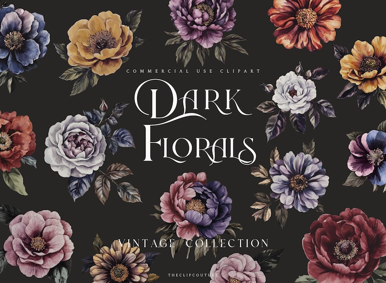 May include: A collection of dark floral illustrations, featuring various flowers in shades of purple, red, pink, yellow, and blue. The text "Dark Florals Vintage Collection" is displayed at the bottom of the image.