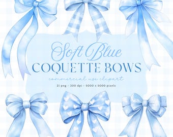 Light Blue Bows Clipart, Coquette Ribbon PNG, Watercolor Blue Bows