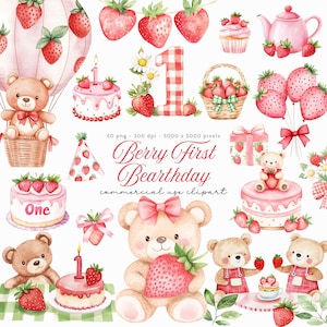 Beere ersten Geburtstag Clipart, Erdbeer-Baby-Dusche Clipart, niedlichen Bären Kindergarten Clip Art, Erdbeer-Party, Beere süße Baby-Dusche PNG