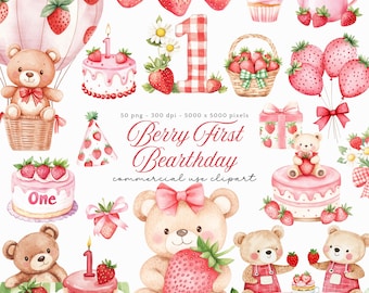 Berry First Birthday Clipart, Strawberry Baby Shower Clipart, Cute Bear Nursery Clip Art, Strawberry Party, Berry Sweet Baby Shower PNG