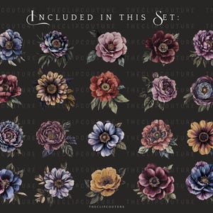 May include: A set of 12 watercolor floral illustrations featuring various flowers in shades of purple, blue, red, orange, and yellow. The flowers are arranged in a grid pattern on a black background. The text "INCLUDED IN THIS SET" is written in white at the top of the image.