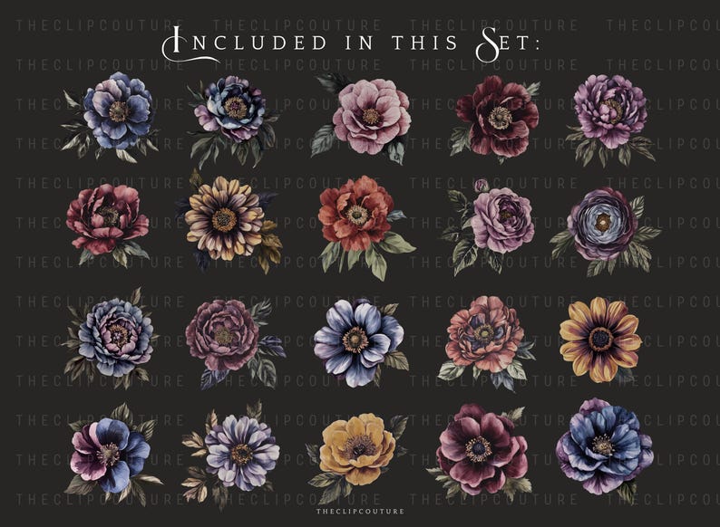 May include: A set of 12 watercolor floral illustrations featuring various flowers in shades of purple, blue, red, orange, and yellow. The flowers are arranged in a grid pattern on a black background. The text "INCLUDED IN THIS SET" is written in white at the top of the image.