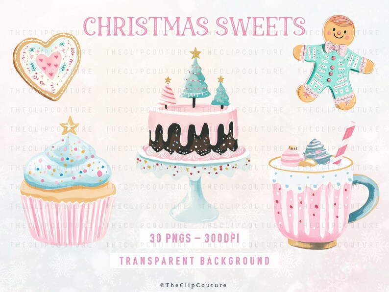 Pastel Christmas Clipart, Pink Christmas PNG, Sweets Clipart, Gingerbread Cookie, Christmas Cookie Clipart, Gingerbread Man,Preppy Christmas image 2