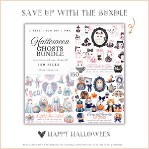 May include: A Halloween Ghosts Bundle graphic set with 150 files, featuring watercolor illustrations of ghosts, pumpkins, cats, and autumn elements. The text includes "Halloween Ghosts Bundle," "Softly Haunted," and "Cozy & Spooky Autumn."