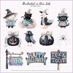 May include: A collection of whimsical Halloween-themed illustrations. Includes a cat, duck, and cat characters in witch costumes, along with pumpkins, a spider, a crow, and signs that say "Boo", "Happy Halloween", and "Trick or Treat". The text "Included in this Set: 65 PNG FILES" is also present.