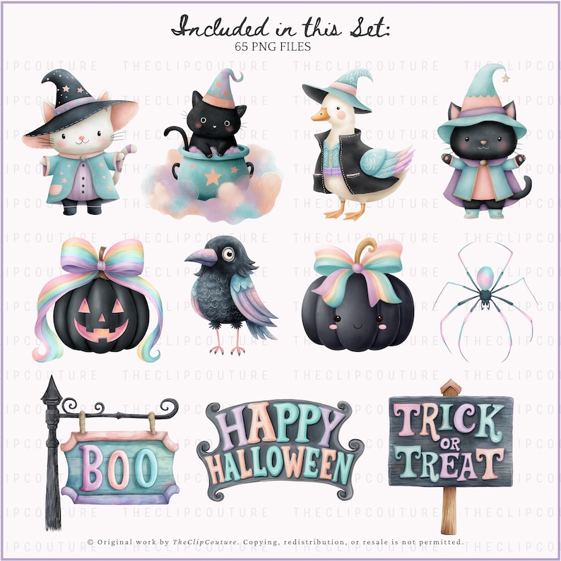 May include: A collection of whimsical Halloween-themed illustrations. Includes a cat, duck, and cat characters in witch costumes, along with pumpkins, a spider, a crow, and signs that say "Boo", "Happy Halloween", and "Trick or Treat". The text "Included in this Set: 65 PNG FILES" is also present.
