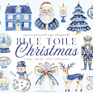 Toile de Natal Clipart, Natal Azul PNG, Clipart de Chinoiserie em Aquarela, Clip Art de Papai Noel, Quebra-nozes PNG, Bolas de Natal, Toile Vintage