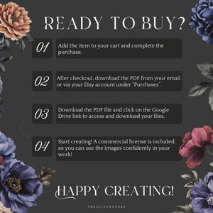 May include: A graphic with a dark gray background and floral illustrations in shades of pink, purple, and blue. The text "READY TO BUY?" is in white. The graphic outlines four steps for purchasing a digital product: add to cart, download the PDF, access the Google Drive link, and start creating. The text "HAPPY CREATING!" is in white with a floral design.