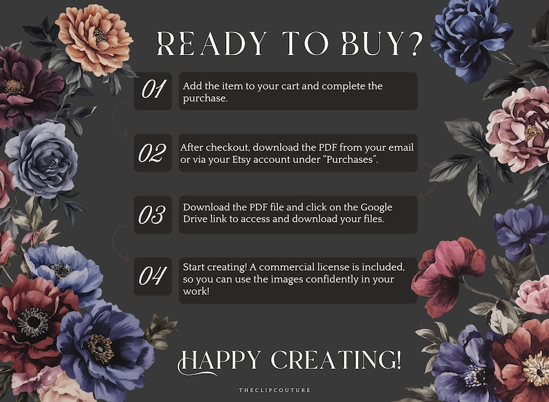 May include: A graphic with a dark gray background and floral illustrations in shades of pink, purple, and blue. The text "READY TO BUY?" is in white. The graphic outlines four steps for purchasing a digital product: add to cart, download the PDF, access the Google Drive link, and start creating. The text "HAPPY CREATING!" is in white with a floral design.