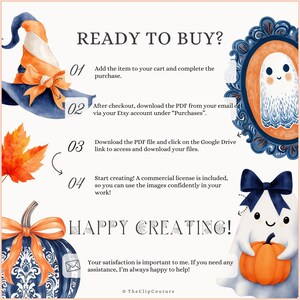 May include: Watercolor illustration with a Halloween theme. Features a witch's hat, a pumpkin with a bow, a ghost holding a pumpkin, and a framed ghost. Text reads "READY TO BUY?" and "HAPPY CREATING!"