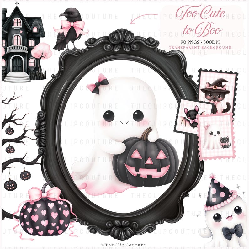 May include: A collection of Halloween-themed digital clip art. Includes a cute ghost holding a pumpkin, a black raven with a pink bow, and various other spooky elements. The text "Too Cute to Boo" is also present.