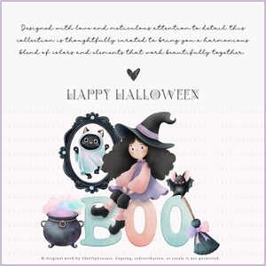 May include: A whimsical Halloween-themed illustration featuring a witch sitting on the word "BOO". The image includes a black cat in a ghost costume, a cauldron, a bat, and a broom. The text "HAPPY HALLOWEEN" is displayed.