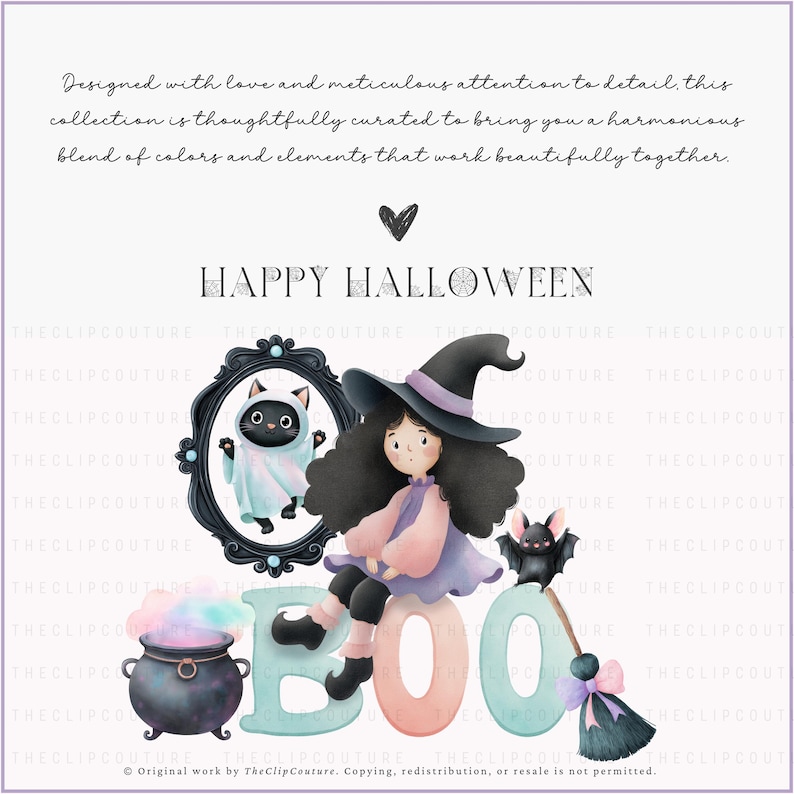 May include: A whimsical Halloween-themed illustration featuring a witch sitting on the word "BOO". The image includes a black cat in a ghost costume, a cauldron, a bat, and a broom. The text "HAPPY HALLOWEEN" is displayed.