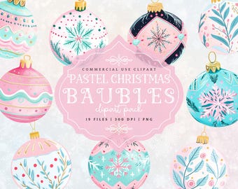 Pastel Christmas Baubles Clipart, Preppy Christmas, Pink Xmas Ornaments PNG, Commercial License (Digital Download)