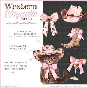 Western Coquette PNG Clipart, Coquette Cowgirl Clipart, Land PNG, Coquette Cowgirl Ästhetik, Cowboystiefel, Cowgirlhut, Highland Kuh PNG Bild 5
