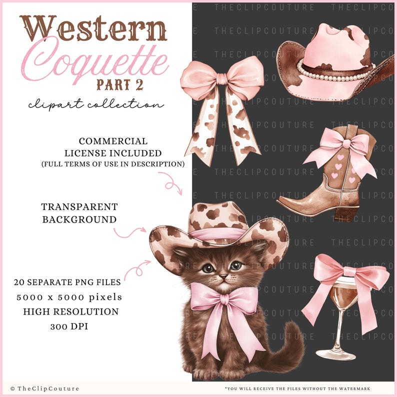 Western Coquette PNG Clipart, Coquette Cowgirl Clipart, Land PNG, Coquette Cowgirl Ästhetik, Cowboystiefel, Cowgirlhut, Highland Kuh PNG Bild 5