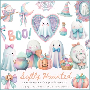Könnte beinhalten: Aquarell-Cliparts mit Geistern, Kürbissen, Hexenhüten und Schleifen in Pastellfarben. Das Wort "BOO!" wird in Pastellbuchstaben angezeigt. Der Satz "Softly Haunted" steht unter den Illustrationen. Das Clipart ist für den kommerziellen Gebrauch bestimmt.