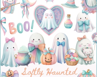 Cute Ghost Halloween Clipart, Pastel Halloween Clipart, Halloween Baby Shower PNG, Little Boo Almost Due Clipart, Spooky Ghosts PNG