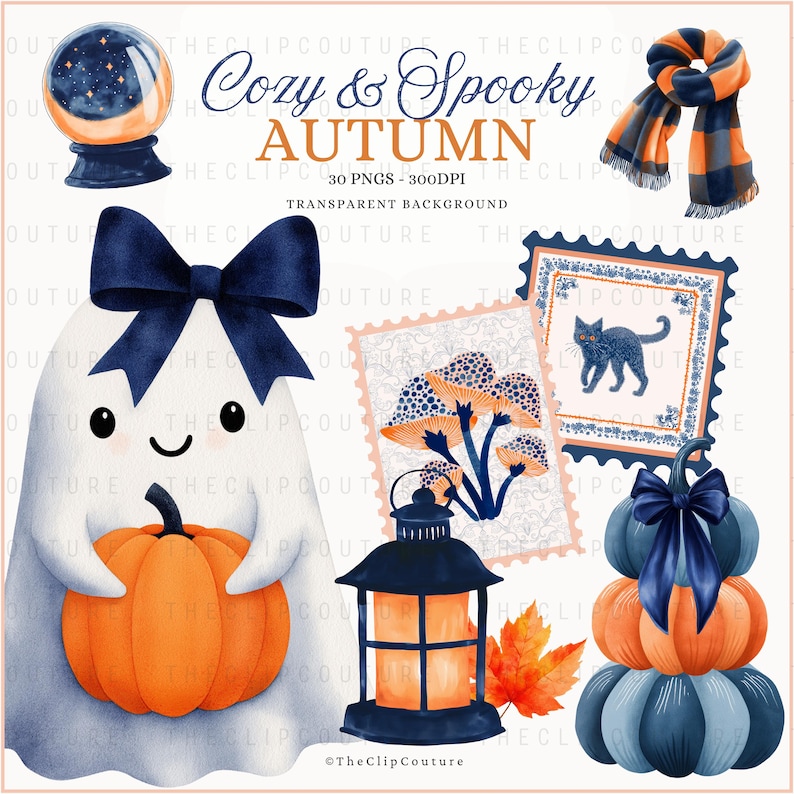 May include: A digital illustration featuring autumn-themed elements. Includes a ghost holding a pumpkin, a scarf, a stack of pumpkins, a crystal ball, stamps with a black cat and mushrooms, and a lantern. The text "Cozy & Spooky Autumn" is also present.