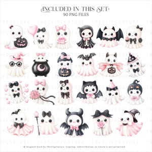 May include: A collection of 90 PNG files featuring adorable, cartoon-style ghosts in various Halloween costumes and accessories. The ghosts are primarily white and pink, with black accents, and include bats, pumpkins, and witch hats.