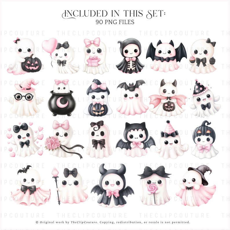 May include: A collection of 90 PNG files featuring adorable, cartoon-style ghosts in various Halloween costumes and accessories. The ghosts are primarily white and pink, with black accents, and include bats, pumpkins, and witch hats.