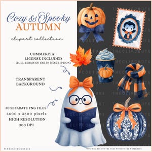 May include: A digital clipart collection with a cozy and spooky autumn theme. The image features a ghost reading a book, pumpkins, a scarf, and a vampire stamp. The color palette includes orange, navy blue, and white. The collection includes 30 PNG files, 3600 x 3600 pixels, and 300 DPI.