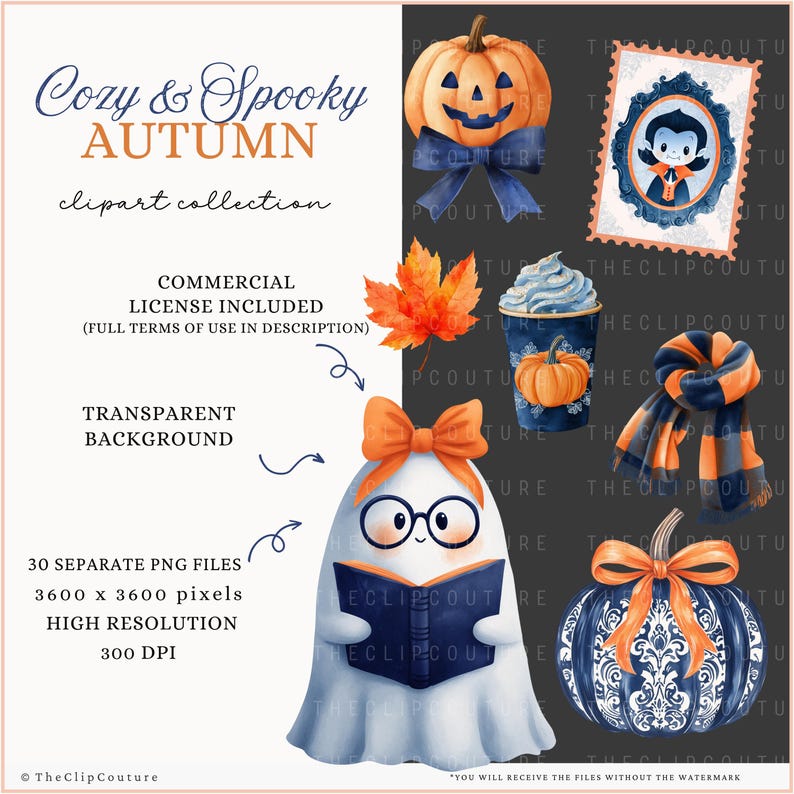 May include: A digital clipart collection with a cozy and spooky autumn theme. The image features a ghost reading a book, pumpkins, a scarf, and a vampire stamp. The color palette includes orange, navy blue, and white. The collection includes 30 PNG files, 3600 x 3600 pixels, and 300 DPI.