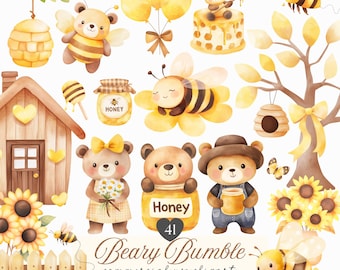Watercolor Bee and Bear Clipart, Bumblebee Baby Shower PNG, Bee Day, Honey Nursery Graphics (Digital Download)
