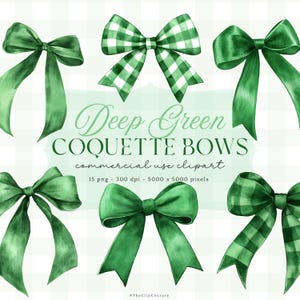 May include: A set of 15 digital illustrations of green bows. The bows are in various styles, including solid green, green gingham, and green satin. The bows are perfect for adding a touch of elegance to any project.