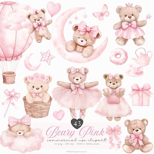 Clipart di orsacchiotto rosa, PNG di orsetto neonata, cameretta rosa, Clipart di baby shower per bambine, invito di orsacchiotto rosa in formato PNG, grafica di compleanno di orsetto neonata
