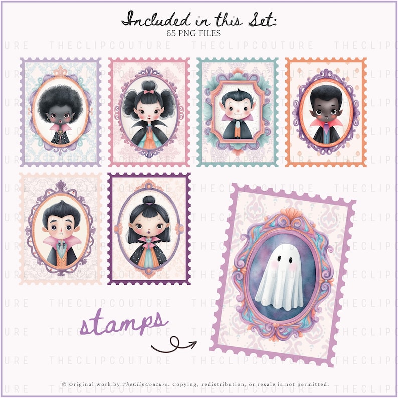 May include: Set of watercolor stamps featuring cartoon vampires and a ghost in ornate frames. The stamps are in shades of purple, pink, and teal, with the text "Included in this Set: 65 PNG FILES" at the top and "stamps" at the bottom.