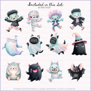 May include: A set of 12 watercolor Halloween-themed illustrations. The characters include a Frankenstein's monster, a mummy, a zombie, a ghost, a black cat, a dog in a ghost costume, a black blob with a witch hat, a furry monster, a black monster, a werewolf, and a bat.