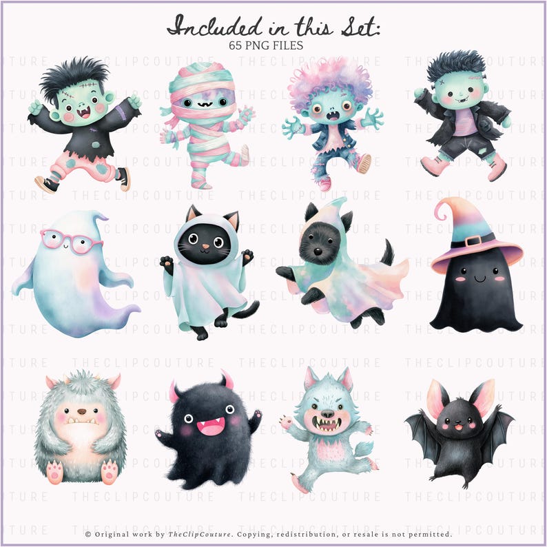 May include: A set of 12 watercolor Halloween-themed illustrations. The characters include a Frankenstein's monster, a mummy, a zombie, a ghost, a black cat, a dog in a ghost costume, a black blob with a witch hat, a furry monster, a black monster, a werewolf, and a bat.