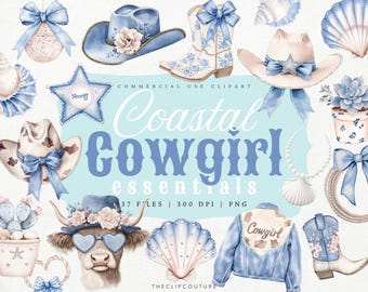 Coastal Cowgirl PNG Clipart, aquarel blauwe Cowgirl Clipart, Blue Coastal Esthetic PNG, Beach Rodeo Clipart, Coquette Coastal Cowgirl Art