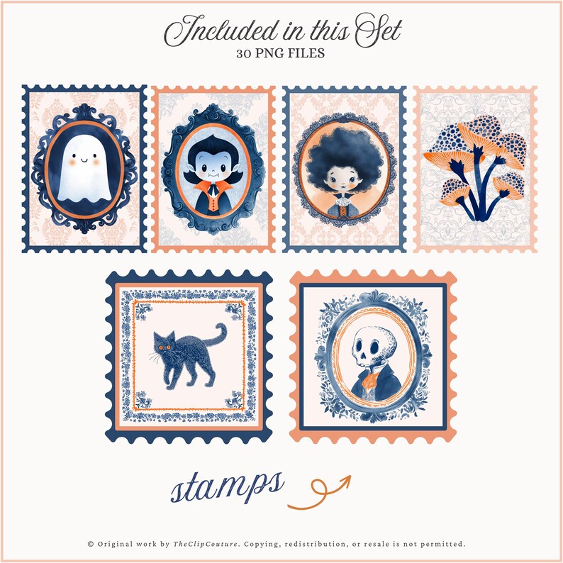 May include: A set of Halloween-themed stamps with illustrations of a ghost, vampire, child, mushrooms, black cat, and skeleton. The stamps have a blue and orange color scheme with decorative frames and the text "Included in this Set" and "stamps".