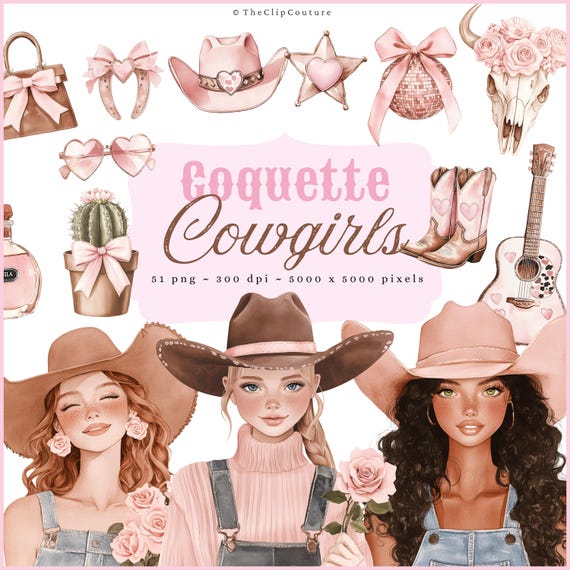 Western Coquette Cowgirl Clipart, Galentines PNG, Pink Cowgirl PNG, Coquette Western PNG, Cowgirl Aesthetic, Cowboy Boots, Digital Download