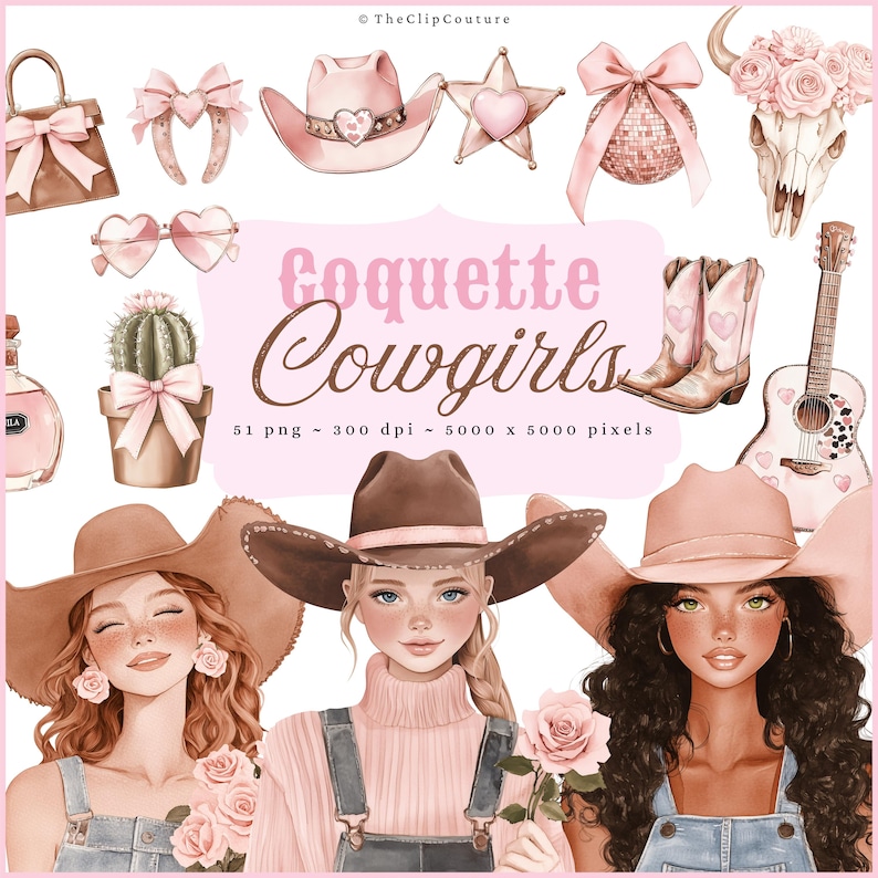 Western Coquette Cowgirl Clipart, Galentines PNG, Pink Cowgirl PNG, Coquette Western PNG, Cowgirl Aesthetic, Cowboy Boots, Digital Download image 1