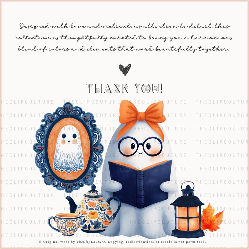 May include: A whimsical illustration featuring a ghost wearing glasses and reading a book, alongside a framed ghost portrait, a teapot, teacup, and a lantern. The image includes the text "THANK YOU!" and a description of the collection.