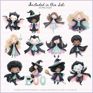 May include: A collection of 12 watercolor illustrations of Halloween characters, including vampires and witches. The characters are depicted in a cute, cartoon style with pastel colors. The text "Included in this Set: 65 PNG FILES" is at the top, and the word "BOO" is also present.