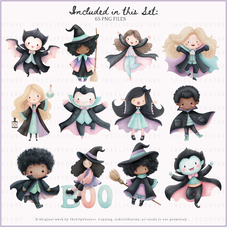 May include: A collection of 12 watercolor illustrations of Halloween characters, including vampires and witches. The characters are depicted in a cute, cartoon style with pastel colors. The text "Included in this Set: 65 PNG FILES" is at the top, and the word "BOO" is also present.