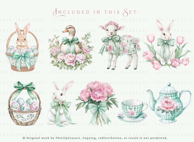Green Easter Clipart, Spring Grandmillenial Easter PNG, Watercolor Spring Clipart, Toile Easter, Floral Easter PNG,Green Coquette Easter PNG image 4