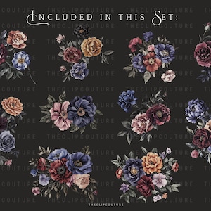 May include: A set of six digital floral illustrations featuring various arrangements of burgundy, peach, blue, and white flowers with green leaves on a black background. The text "INCLUDED IN THIS SET" is at the top of the image.