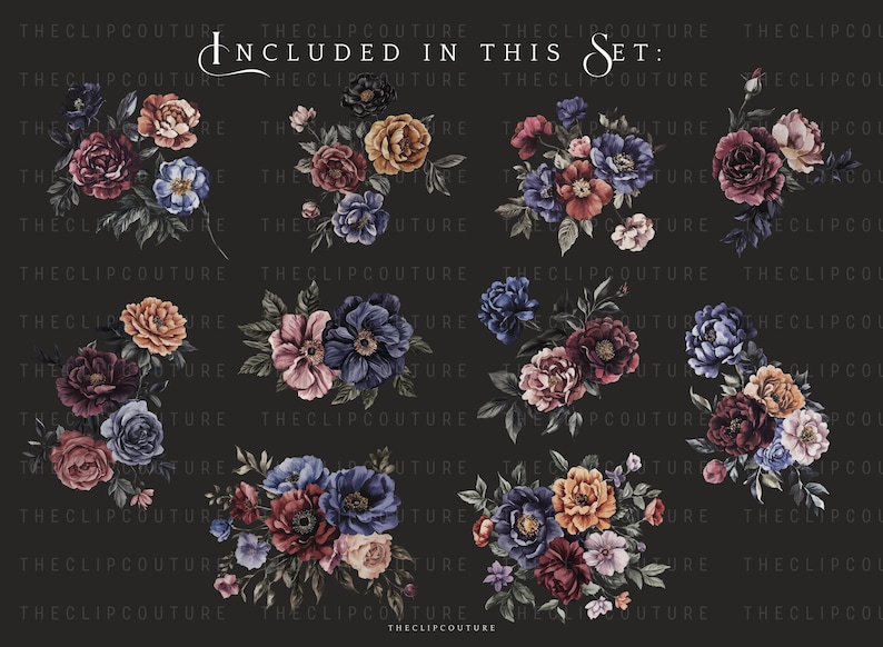 May include: A set of six digital floral illustrations featuring various arrangements of burgundy, peach, blue, and white flowers with green leaves on a black background. The text "INCLUDED IN THIS SET" is at the top of the image.