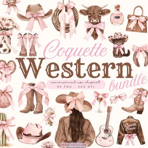 Western Coquette PNG Clipart Bundle, Cowgirl Clipart, Country PNG, Coquette Cowgirl Aesthetic, Cowboy Boots, Cowgirl Hat, Highland Cow PNG
