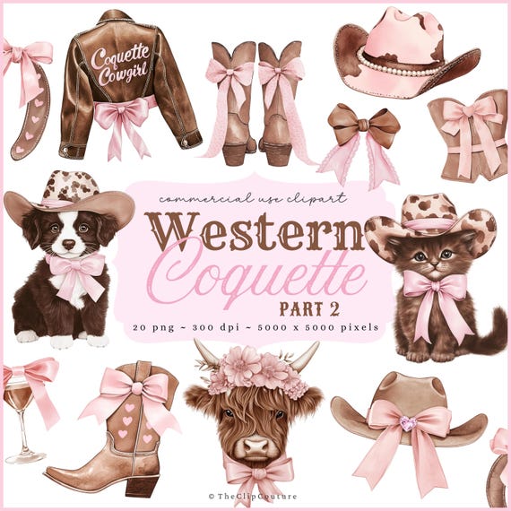 Western Coquette PNG Clipart, Coquette Cowgirl Clipart, Country PNG, Coquette Cowgirl Aesthetic, Cowboy Boots, Cowgirl Hat, Highland Cow PNG