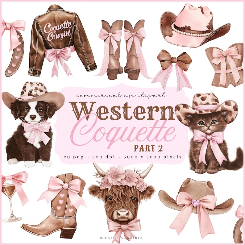 Western Coquette PNG Clipart, Coquette Cowgirl Clipart, Land PNG, Coquette Cowgirl Ästhetik, Cowboystiefel, Cowgirlhut, Highland Kuh PNG Bild 1
