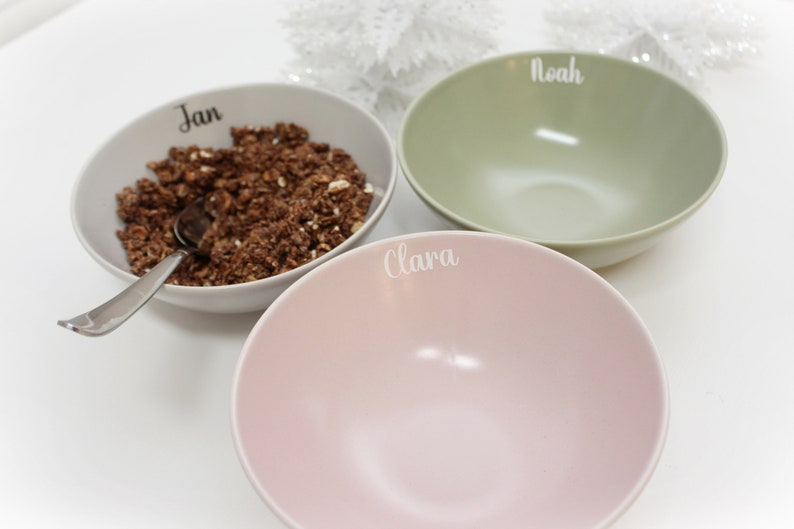 Personalisierte Müslischale, Schale mit Namen, Schüssel, Schälchen, Salatschüssel, Geschenk, individuell, grün rosa grau Bild 4