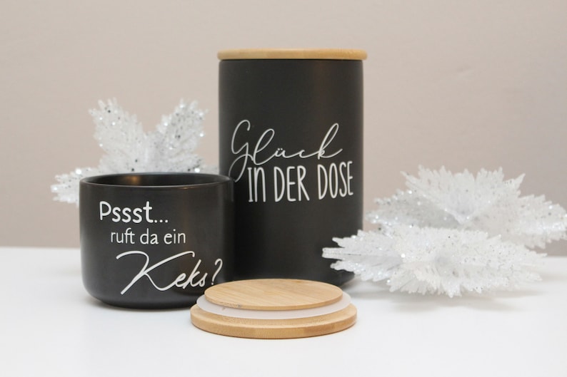 Vorratsdose, Keramikdose, Keramik Vorratsdose, Schwarze Dose mit Holzdeckel, Aufbewahrungsdose, personalisierte Vorratsdose, Dose mit Spruch Bild 1